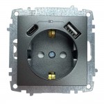 Розетка ZENA ELBI чорний металік 1-на з заземленням + 2USB ( Type C+A ) без рамки ( 609-011100-334 )