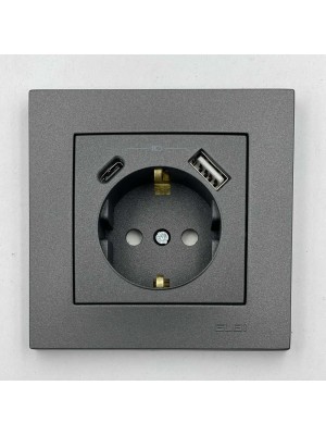 Розетка EL-BI VEGA антрацит матовий 1-на з/з + 2USB (Type C+A) 2A