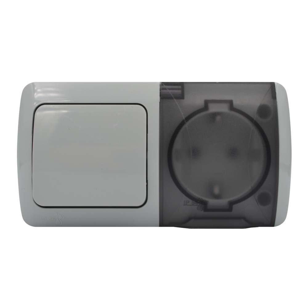Вимикач EVA сірий 1кл + Розетка з заземленням з кришкою IP54 ( 554-011500-920 )