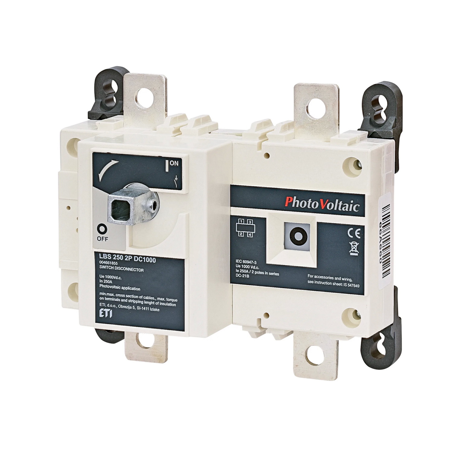 Вимикач навантаження LBS 250 2P DC1000 "1-0" 250A 1000V DC ЕТІ ( 4661855 )