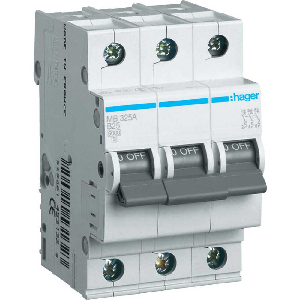 Автоматичний вимикач Hager 3P 25A B 6kA ( MBN325E ) Автоматичний вимикач Hager 3P 25A B 6kA ( MBN325E )