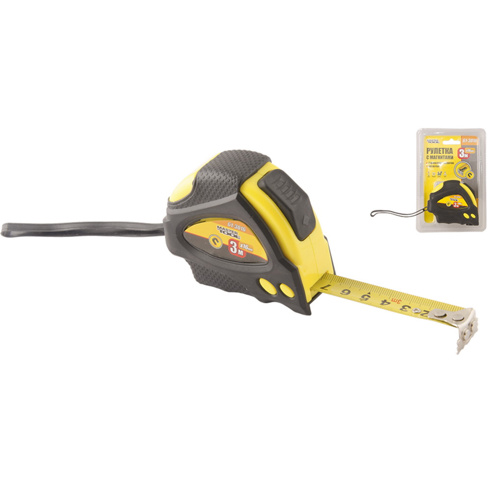 Рулетка MASTER TOOL вимірювальна з магнітами, 2 фіксатора 3м*16мм ( 61-3016 ) Рулетка MASTER TOOL вимірювальна з магнітами, 2 фіксатора 3м*16мм ( 61-3016 )