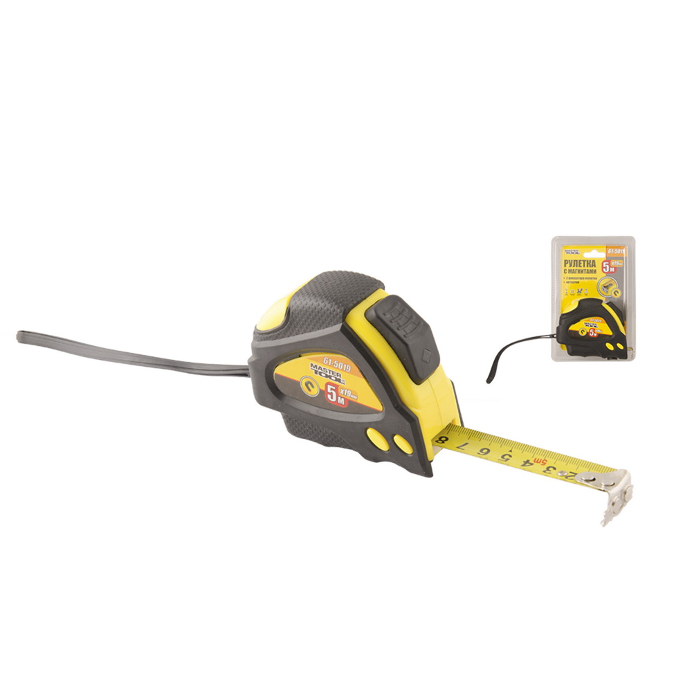 Рулетка MASTER TOOL вимірювальна з магнітами, 2 фіксатора 5м*19мм ( 61-5019 ) Рулетка MASTER TOOL вимірювальна з магнітами, 2 фіксатора 5м*19мм ( 61-5019 )