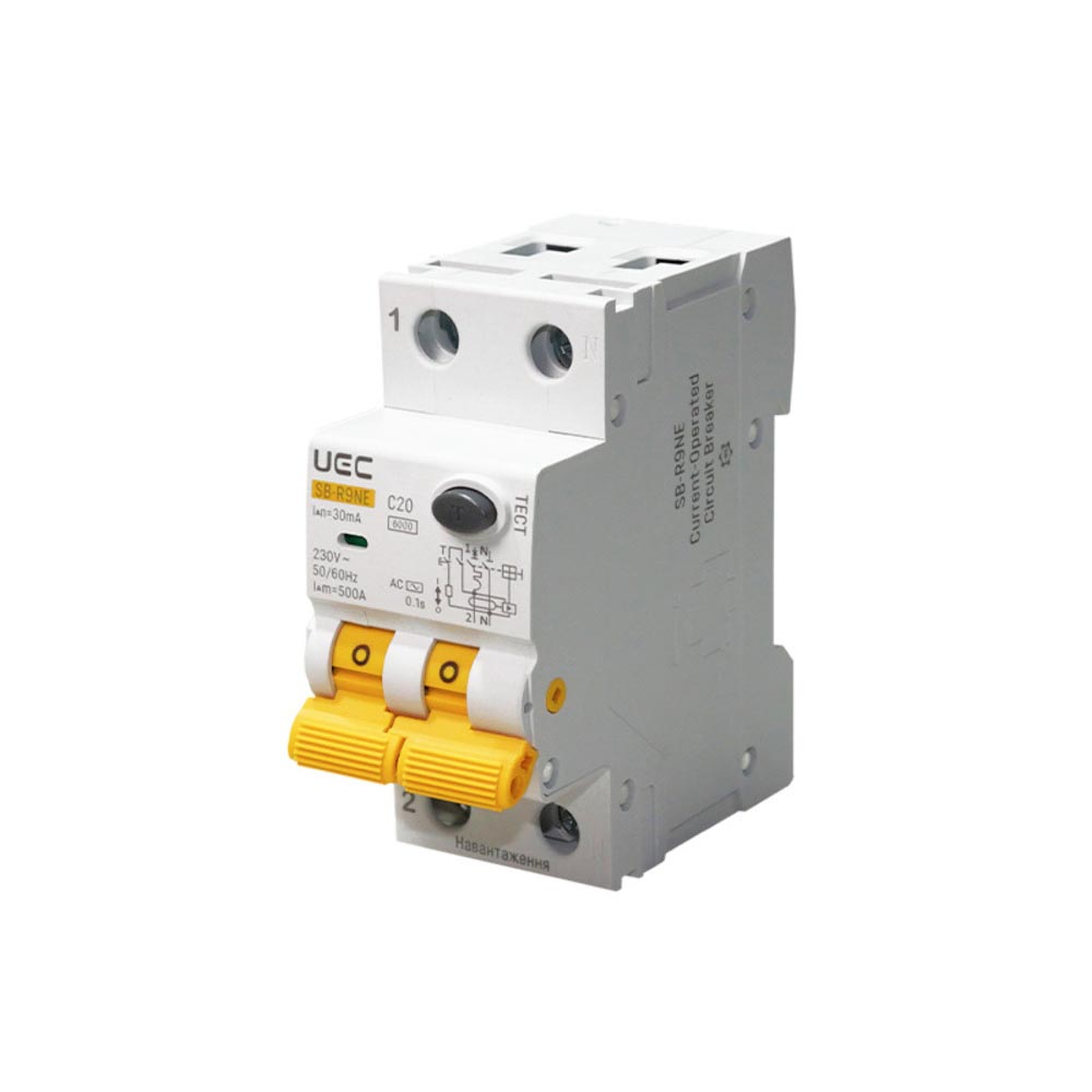 Автомат диференційного захисту SB-R9NE 2P C 20A 30mA Tип AC 6kA UEC( RCBO60-2-020-C-030-AC ) Автомат диференційного захисту SB-R9NE 2P C 20A 30mA Tип AC 6kA UEC( RCBO60-2-020-C-030-AC )