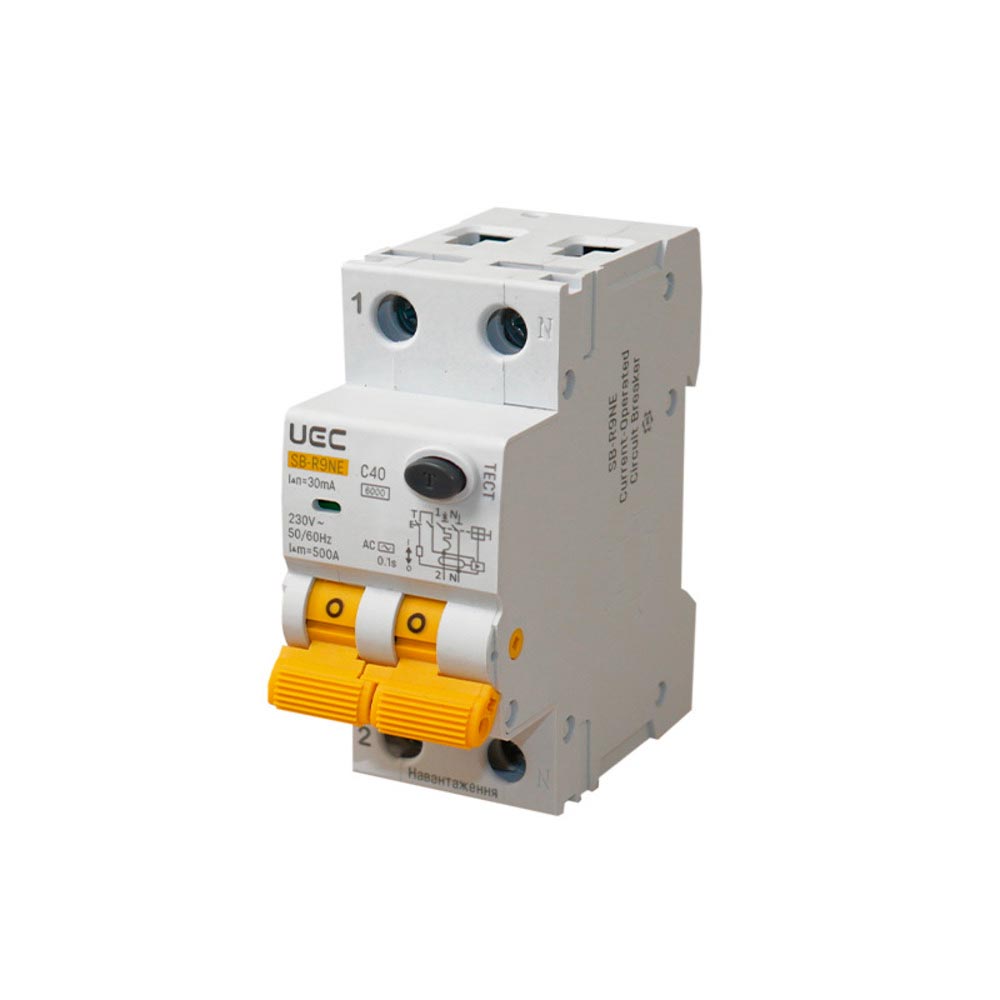 Автомат диференційного захисту SB-R9NE 2P C 40A 30mA Tип AC 6kA UEC( RCBO60-2-040-C-030-AC ) Автомат диференційного захисту SB-R9NE 2P C 40A 30mA Tип AC 6kA UEC( RCBO60-2-040-C-030-AC )